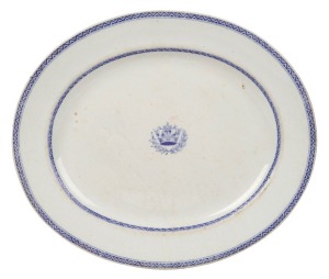 ROYAL WORCESTER antique porcelain serving dish with crown and wreath, 19th century, blue factory stamped "ROYAL PORCELAIN WORKS WORCESTER", with Royal coat of arms and Queen Victoria cypher "V.R.", further impressed mark "WORCESTER", 128.5cm wide