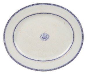 ROYAL WORCESTER antique porcelain serving dish with crown and wreath, 19th century, blue factory ​​​​​​​stamped "ROYAL PORCELAIN WORKS WORCESTER", with Royal coat of arms and Queen Victoria cypher "V.R.", further impressed mark "WORCESTER", 128.5cm wide