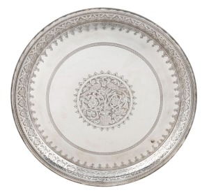 An Egyptian silver circular tray with engraved decoration, 20th century, 30cm diameter, 600 grams