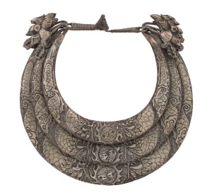 MIAO Chinese tribal triple banded necklace with embossed dragon and pearl decoration and bird terminals, 20th century, ​​​​​​​27cm wide overall, 