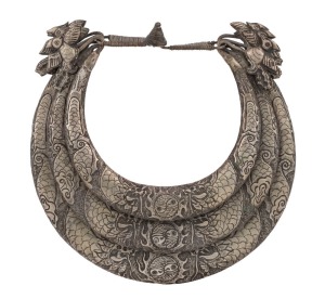 MIAO Chinese tribal triple banded necklace with embossed dragon and pearl decoration and bird terminals, 20th century, 27cm wide overall,
