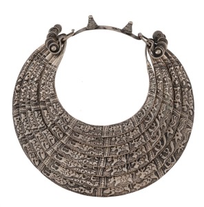 MIAO Chinese tribal seven banded necklace with embossed decoration, 20th century, 26cm wide overall,