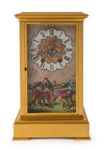 ARCHIELLE BROCOT fine antique French gilt mantel clock with hand painted Renaissance inspired panels, 8 day time and gong striking movement, circa 1890, 31cm high, 19cm wide, 15cm deep. 