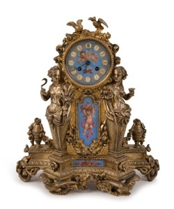An antique French ormolu mantel clock, the case with decorative female caryatids, swags and urns with hand painted Sevres style panels and dial. 8 day time and bell striking movement, circa 1880, ​​​​​​​37cm high, 33cm wide, 14cm deep.  