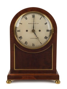 MAPLE & Co. fine antique English arch top spring table clock, mahogany veneered case with brass fish-scale sound frets, beaded central panel, hand-painted convex dial with Breget style hands. 8 day chain fusee time and gong striking movement, with London 