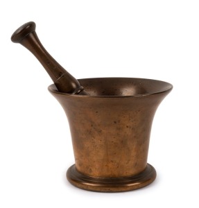 An antique English bronze apothecary pestle and mortar, circa 1850, the mortar 14cm high, 18cm diameter  