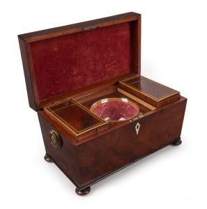 An English regency mahogany tea caddy, with chequerboard stringing and ebony and satin wood diamond inlay to the lid, internally fitted with two original tea canisters and mixing bowl, circa 1830, 17cm high, 31cm wide, 17cm deep