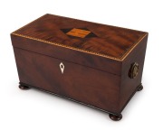 An English regency mahogany tea caddy, with chequerboard stringing and ebony and satin wood diamond inlay to the lid, internally fitted with two original tea canisters and mixing bowl, circa 1830, 17cm high, 31cm wide, 17cm deep - 2