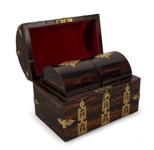 HALSTAFF & HANNAFORD handsome antique English casket top travelling tea caddy with coromandal  veneer and engraved ormolu strap mounts, interior fitted with matching dome-top tea canisters with spring loaded lids, circa 1860, 19cm high, 25cm wide, 16cm hi