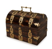 HALSTAFF & HANNAFORD handsome antique English casket top travelling tea caddy with coromandal  veneer and engraved ormolu strap mounts, interior fitted with matching dome-top tea canisters with spring loaded lids, circa 1860, 19cm high, 25cm wide, 16cm hi - 2