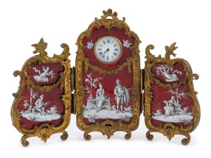 A fine Swiss lady's triptych style dressing table timepiece with classical ormolu frame inset with hand-painted enamel panels, 30 hour Swiss watch movement and fine enamel dial, circa 1890, ​​​​​​​13cm high, 18cm wide 