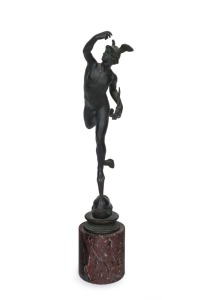 MERCURY the God of eloquence, Grande Tour patinated bronze statue on rouge marble base, circa 1860, 37cm high