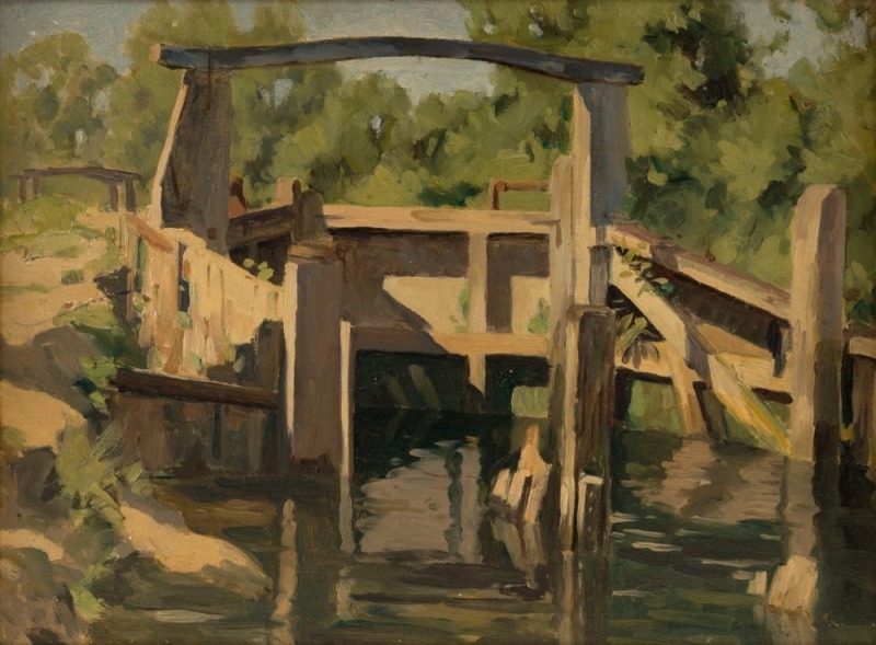 ARTIST UNKNOWN, (the sluice gate), oil on cedar panel, 25 x 34cm, 33 x 43cm overall