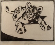 NORBERTINE VON BRESSLERN-ROTH (1891 - 1978) Young Lion, linocut, endorsed "Handdruck", titled and signed in lower margin, 17 x 22.5cm; framed 40 x 44cm overall.