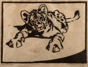 NORBETINE VON BRESSLERN-ROTH (1891-1978), Tiger, woodblock, signed in pencil in the lower margin "Bresslern-Roth, Handdruckt", original frame and mount, 19 x 24cm, 47 x 40cm overall