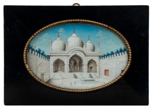 An antique Indian miniature painting on ivory, titled "DELHI FORT" verso, 19th century, 9 x 13cm, 13 x 18.5cm overall