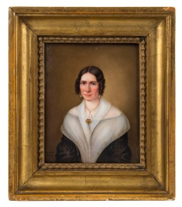 K.P.M. antique German porcelain plaque portrait of a lady, dated verso 1844, 12 x 9.5cm, 19 x 16.5cm overall