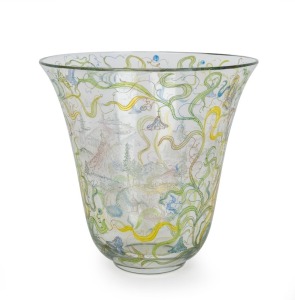 Austrian art glass vase with hand engraved landscape scene and applied hot enamel decoration. Signed "S.S. 174/44 LB" with addition signing in landscape "V.H. '34", ​​​​​​​13cm high