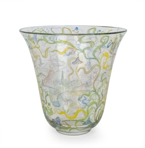 Austrian art glass vase with hand engraved landscape scene and applied hot enamel decoration. Signed "S.S. 174/44 LB" with addition signing in landscape "V.H. '34", 13cm high