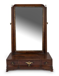 A Georgian mahogany toilet mirror with cross grain and parcel gilt mirror frame edge above three inverted cavetto fronted drawers and ogee bracket feet, original brass hardware, circa 1760 ​​​​​​​59cm high, 42cm wide, 20cm deep