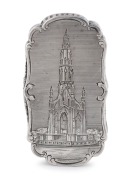 NATHANIEL MILLS antique English sterling silver vinaigrette adorned with an engraved image of THE SIR WALTER SCOTT MEMORIAL, made in Birmingham, circa 1848, 5.5cm wide