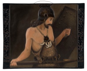 AMPHORA from the ERNST WAHLISS works, Austrian porcelain wall plaque signed with the initials "A.D." almost certainly by DOEBRICK, circa 1907-1908. Doebrick is noted for his designs of farmers and rural scenes in relief. This example however is a much rarer scene of what appears to be a Merovingian leader in battle dress. 47 x 58cm overall