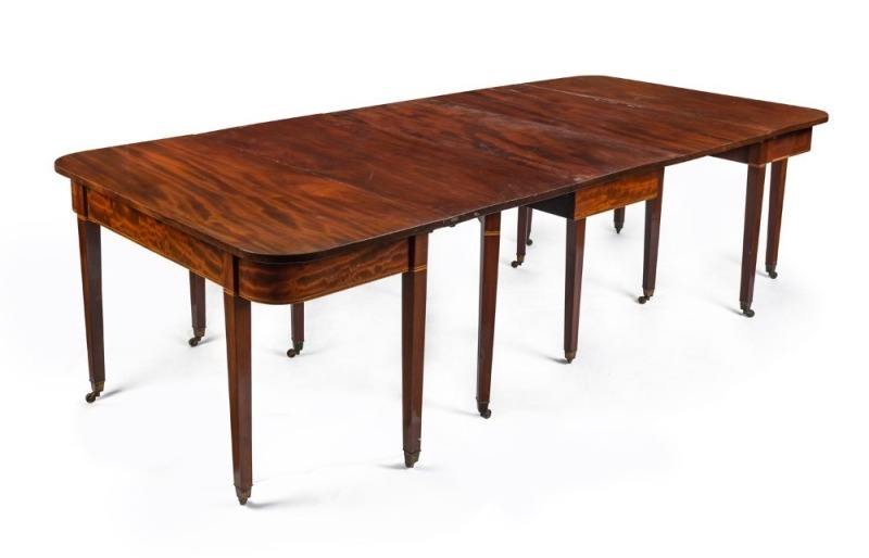 A Sheraton mahogany drop-leaf D ended antique dining table, late 18th century, 73cm high, 259cm (extended), 118cm deep