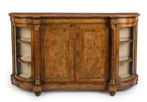 A fine antique English D ended credenza, burr walnut and amboyna with ormolu mounts and curved glass, circa 1860, ​​​​​​​109cm high, 191cm wide, 51cm deep