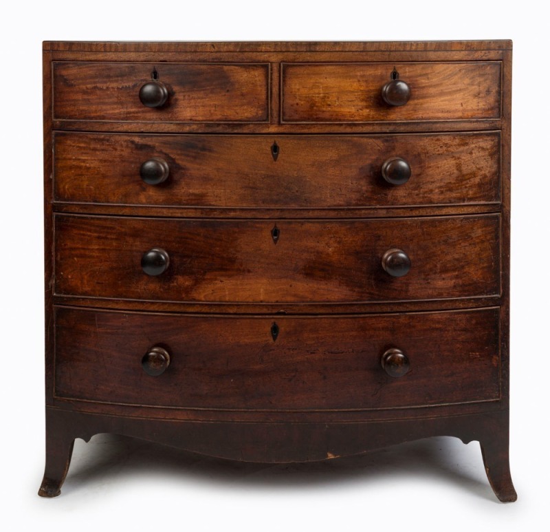 A Georgian mahogany bow front chest with five drawers, cross-banded caddy top with ebony stringing, circa 1810, 107cm high, 107cm wide, 61cm deep