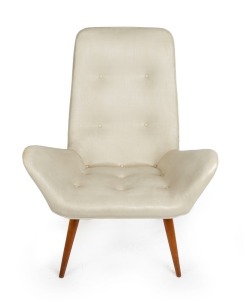 An Australian vintage armchair with cream vinyl upholstery, circa 1950s, ​​​​​​​90cm high, 75cm across the arms