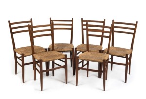 Set of six vintage Italian ladderback teak chairs with rush seats, mid 20th century, bearing label "FOR ROOKSMOOR MILLS STROUD-GLOS. MADE IN ITALY",