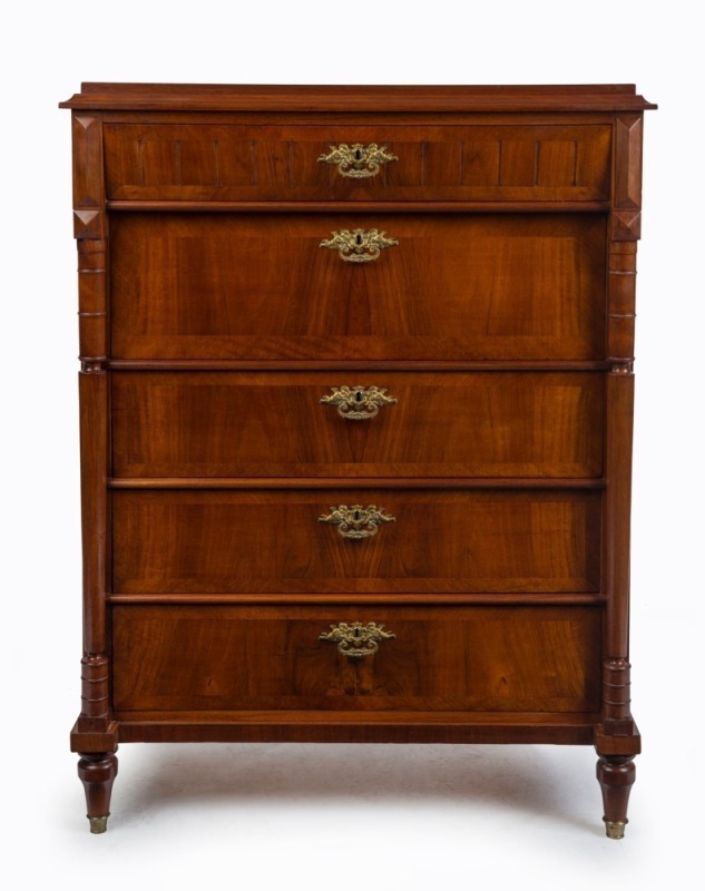 A French walnut five drawer chest with full turned columns, feet and cantilever top drawer, circa 1900, 117cm high, 87cm wide, 49cm deep