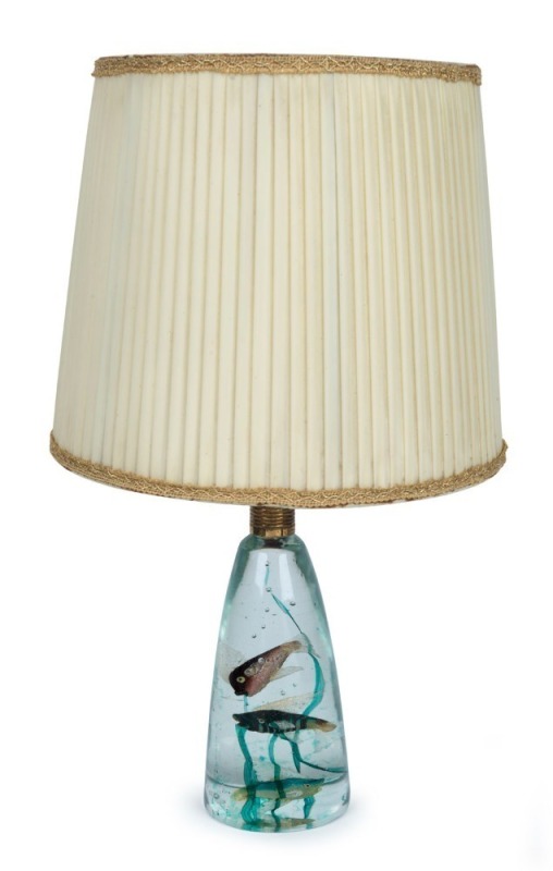 CENEDESE Murano aquarium glass fish block table lamp base and shade by ALFREDO BARBINI, late 1950s, note rare catfish design, 29cm high