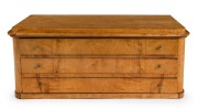 A Biedermeier satin birch collector's cabinet chest of three drawers, 19th century, 41cm high, 100cm wide, 48cm deep