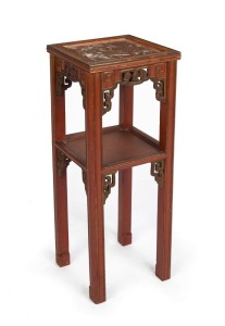 A Chinese scarlet lacquer and gilt highlighted jardiniere stand with rouge marble inset top, 20th century, 75cm high, 28cm wide, 28cm deep