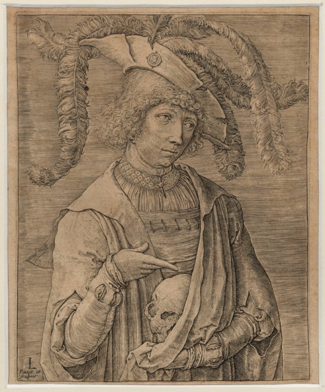 LUCAS VAN LEYDEN (1494-1533), (portrait of a man with a skull), antique engraving,  18 x 15cm, 36 x 30cm overall