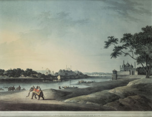 DANIELL, Thomas (1749-1840) & William (1769-1837), (After), LUCNOW TAKEN FROM THE OPPOSITE BANK OF THE RIVER GOOMTY, hand-coloured aquatint, December 1802, (facsimile), from Vol.III of Daniell's Oriental Scenery titled "Twenty-Four Views in Hindoostan", 4