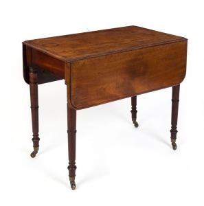 A Georgian mahogany Pembroke table with ring turned legs, early 19th century, 72cm high, 48cm (extends to 98cm) wide, 82cm deep