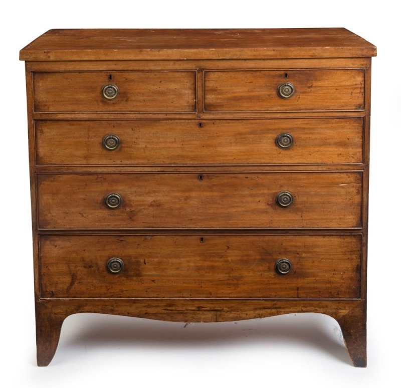 A Georgian mahogany five drawer chest with cockbeaded drawers and circular drop-handles, circa 1800, 104cm high, 103cm wide, 42cm deep