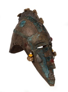 A headdress mask, carved wood, metal fibre and beads, Marka tribe, Northwest Mali, 42cm high