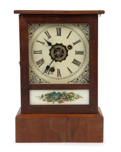 ANSONIA antique American alarm shelf clock in walnut case with floral painted glass, 19th century, bearing original paper label, unusually small size 30cm high