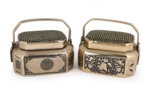 Two antique Chinese bronze censers with remains of silver gilt and niello finish, 19th century, the larger 11cm high, 14cm wide