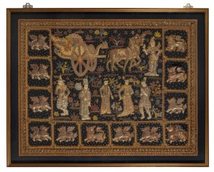 KALAGA Burmese heavily embroidered appliqué tapestry in gilt frame, 20th century, 120 x 150cm overall