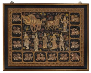 KALAGA Burmese heavily embroidered appliqué tapestry in gilt frame, 20th century, 120 x 150cm overall