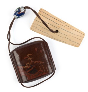 A fine Japanese lacquered inro with cloisonne dragon ojime and slab ivory netsuke, Meiji period, the inro 7.5cm high