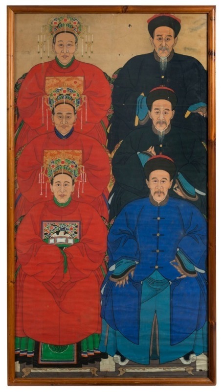 A Chinese ancestral group portrait, ink, gouache and gilt on paper, 170 x 89cm; framed 176 x 95cm overall.