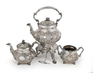 A stunning three piece antique silver plated spirit kettle on stand with matching teapot and sugar basin, decorated in the Rococo style, 19th century, ​​​​​​​the kettle 44cm high