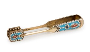 Antique Russian silver and enamel sugar tongs with gilt wash finish, 19th/20th century, 12cm long, 45 grams