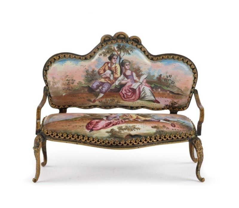 A Viennese miniature enamel dolls house settee, 19th century, ​​​​​​​6.5cm wide