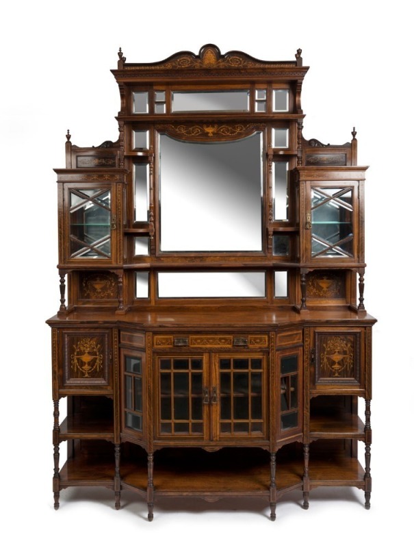 MAPLE & Co. of Tottenham Court Road, LONDON, exhibition quality cabinet from the 1880 "Lady's Boudoir" Industrial Exhibition held in the East End. Purchased by Edward Latham of the Carlton Brewery for his Italianate style mansion "RAHEEN" in Kew, Victoria